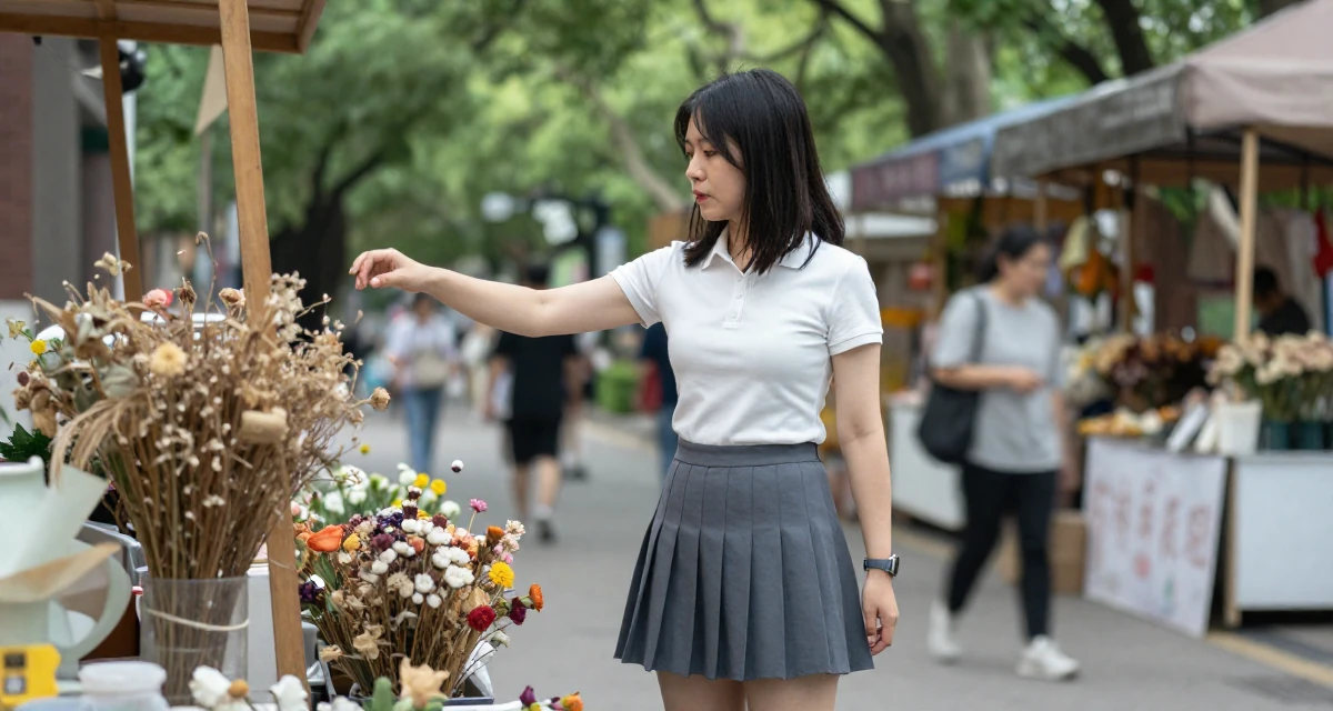 A introspective Female From Suzhou China, holds a degree in architecture in their 26, facing the fear of aging out before even “making it”, wearing a short pleated skirt and a tight polo shirt, biting the lower lip softly in a university campus.