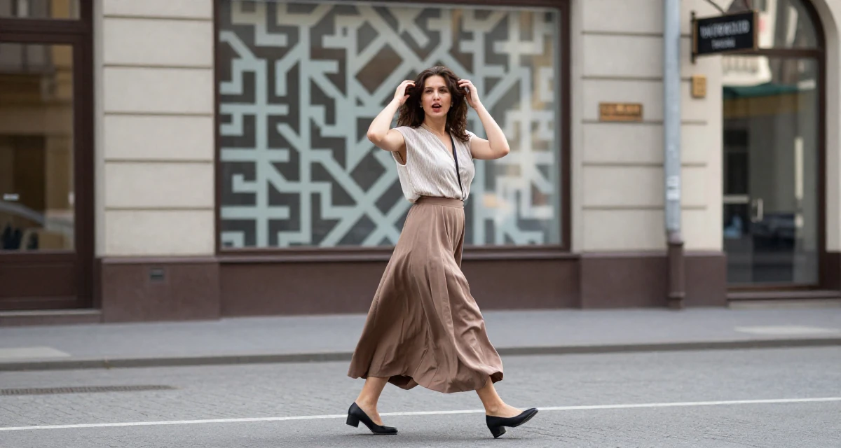 A spirited Female From Moscow Russia, majored in linguistics in their 28, investing in high-quality lifestyle upgrades, wearing a flowing maxi skirt and top, retouching hair volume in a bustling city street.