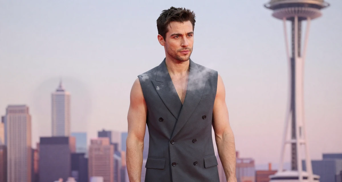 A determined male From Toronto Canada, studied criminology in their 30, rebuilding self-worth beyond content performance, wearing a sleeveless blazer dress showing toned arms, dusting off the shoulder in a red carpet event.