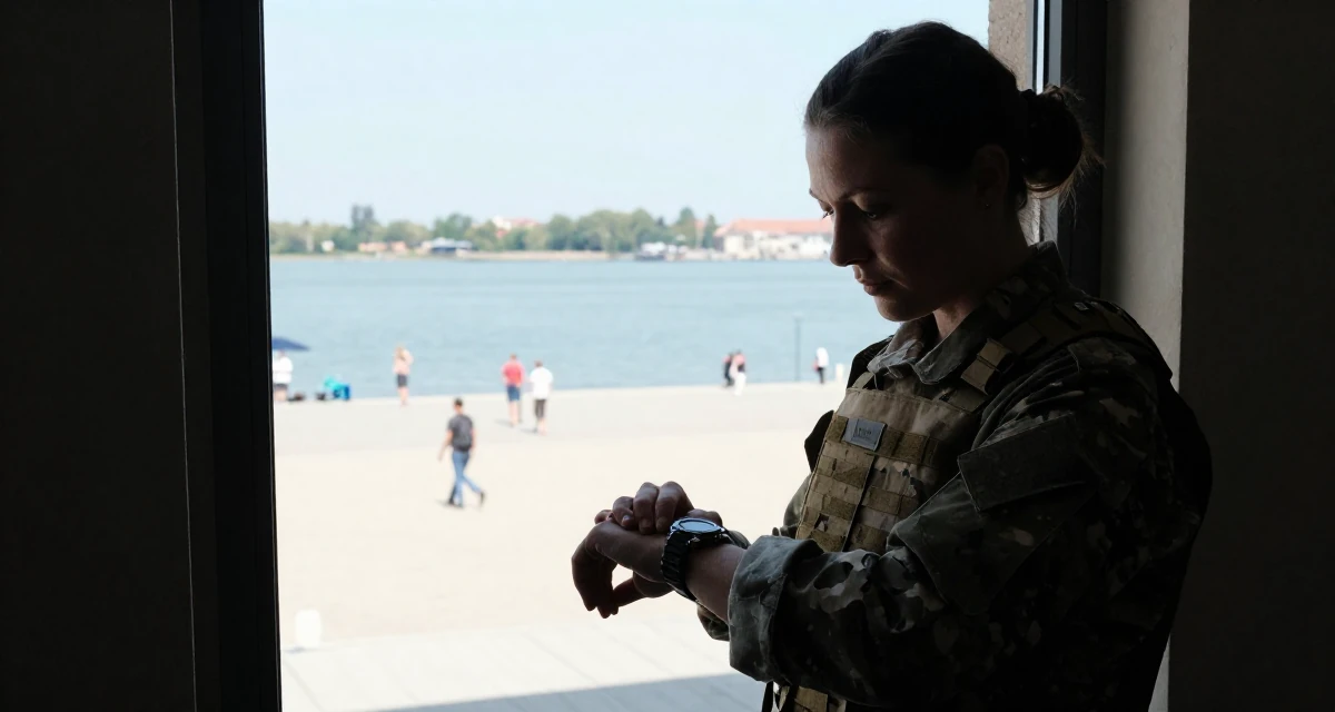 A curious and focused Female From Kraków Poland, majored in European studies in their 35, enjoying a peak physical and mental state, wearing a commando outfit with camouflage paint and tactical harness, glancing at a wristwatch in a beach promenade.