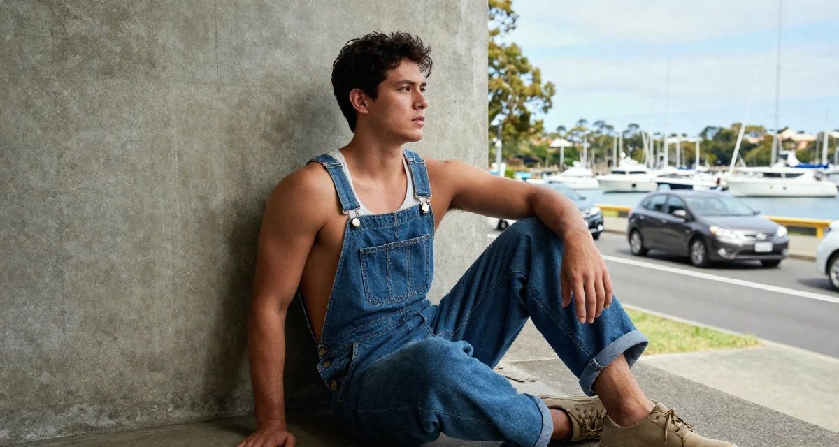 A thoughtful male From Brisbane Australia, majored in physiotherapy in their 23, learning the pain of “low views after high effort”, wearing a relaxed dungarees or overalls, watching traffic pass by in a camping site.