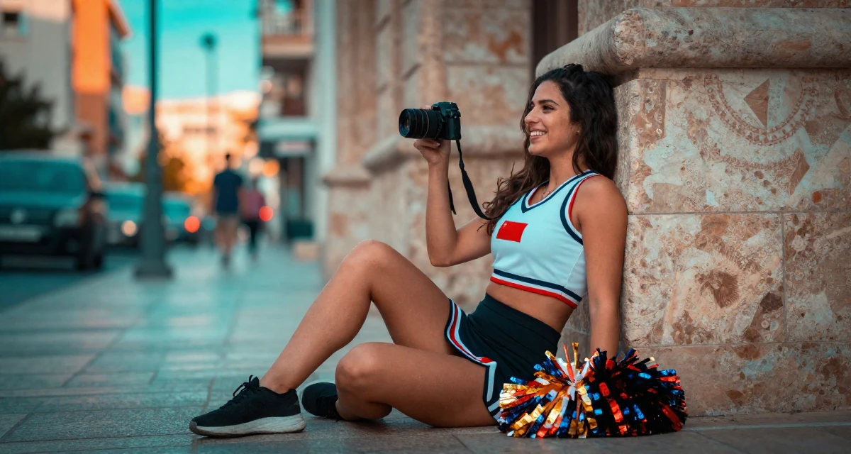 A joyful Female From Cyprus, based in Limassol, graduated from a communication school majoring in alluring content design in their 25, forming independent opinions and values, wearing a cheerleader uniform with a cropped top and pom-poms, holding a camera ready to shoot in a city sidewalk.
