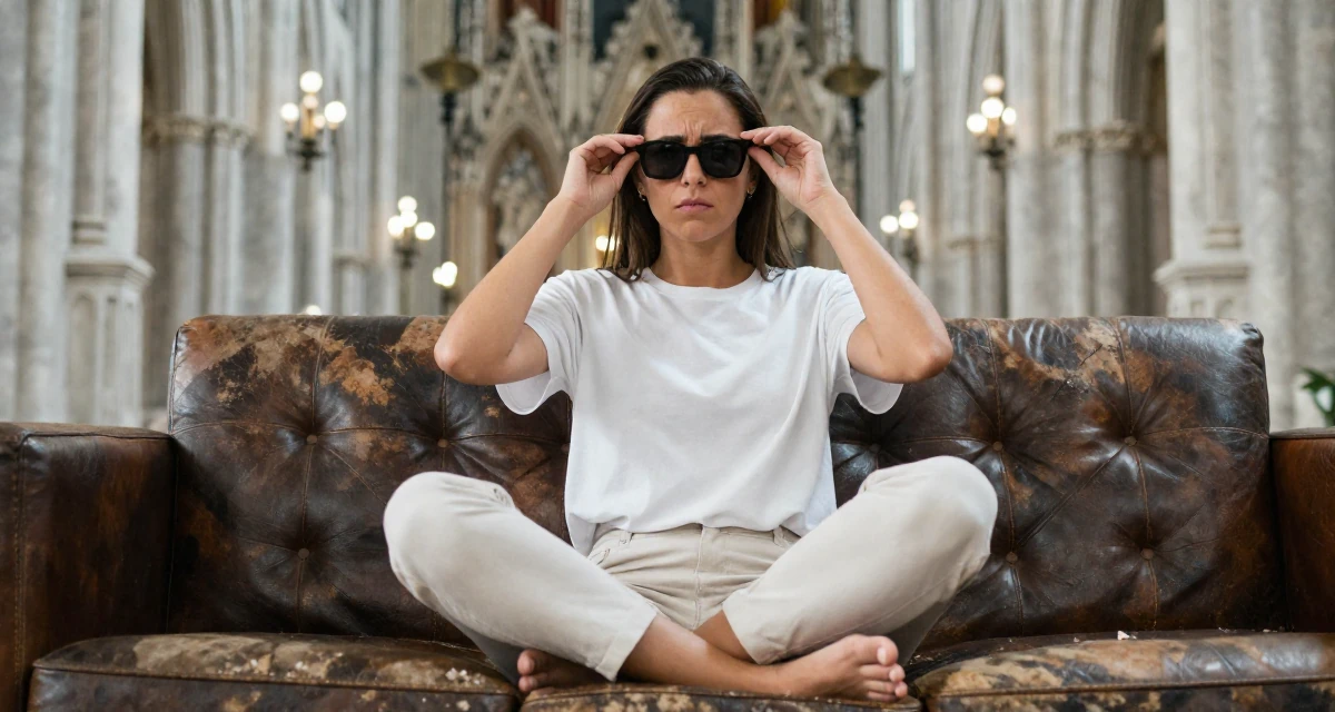 A stressed Female From São Paulo Brazil, studied digital entertainment in their 34, creating content about pet care and training, wearing a urban minimalist silhouette, lowering sunglasses to look out in a gothic cathedral interior.
