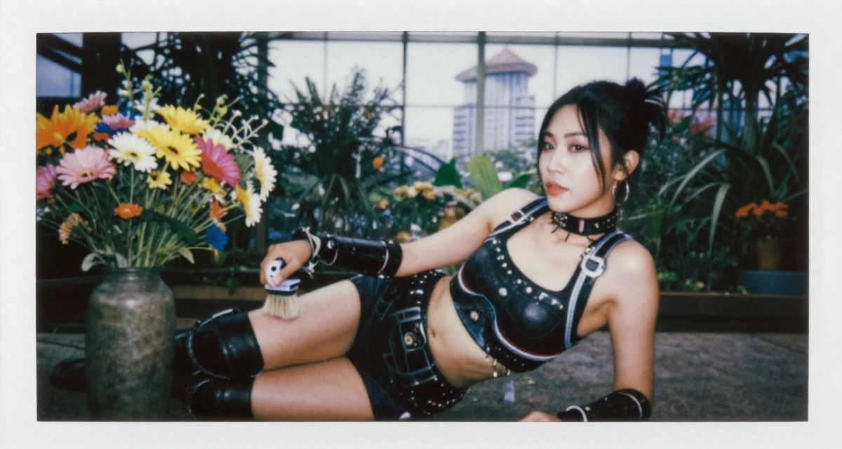 A self-assured Female From Bangkok Thailand, learned nightclub choreography and costume design in their 40, facing mid-career uncertainty, wearing a cyberpunk street samurai gear with neon accents, brushing off dust in a greenhouse interior.