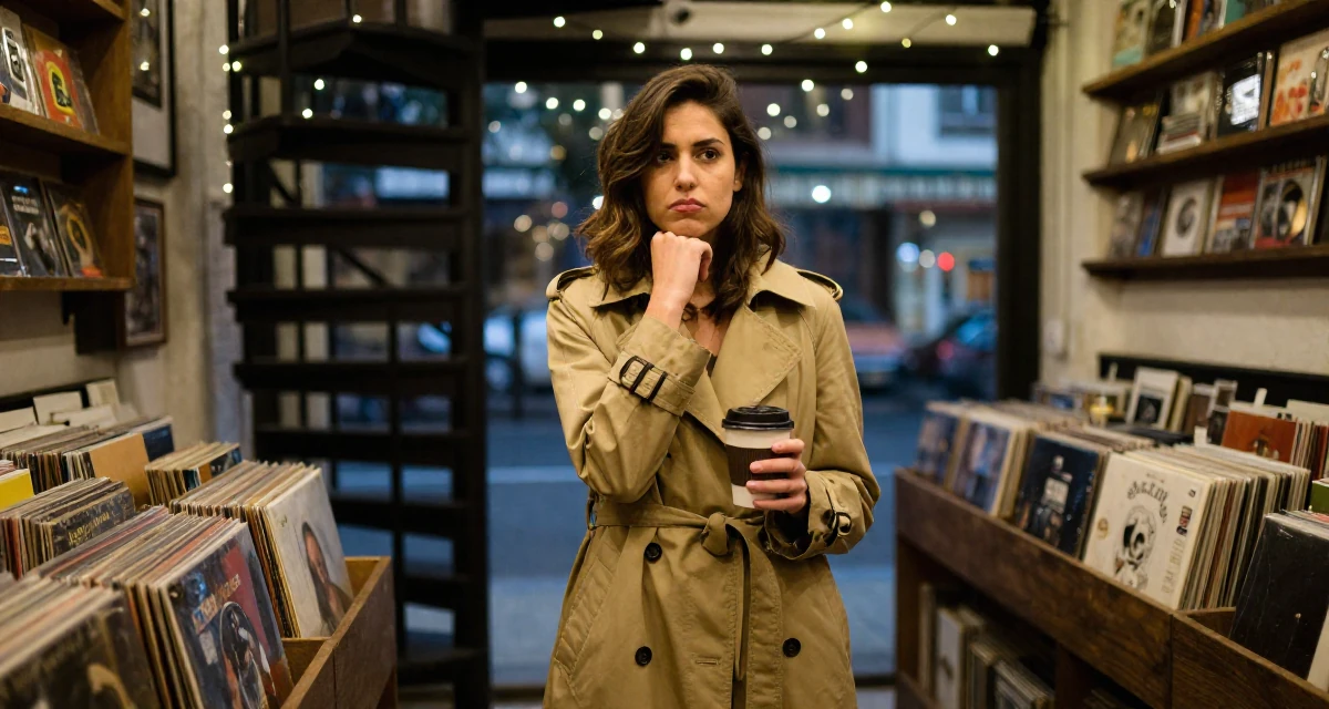 A pouting Female Grew up in Argentina, majored in audiovisual production in their 25, standing tall with newfound self-assurance, wearing a long trench coat belted tightly at the waist, holding a coffee cup with both hands in a vintage record store.
