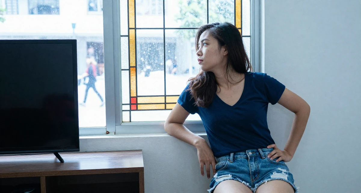 A exhausted Female From Malaysia, based in Penang, graduated from a private university majoring in digital media in their 44, minimalist living with a focus on quality, wearing a deep v-neck t-shirt and distressed denim shorts, looking out the window in a tv set.