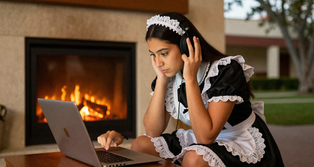 A deeply absorbed Female From Nicaragua, majored in sports science in their 22, experimenting with online creative platforms, wearing a french maid costume with black silk and white lace, listening to music with headphones in a university campus.