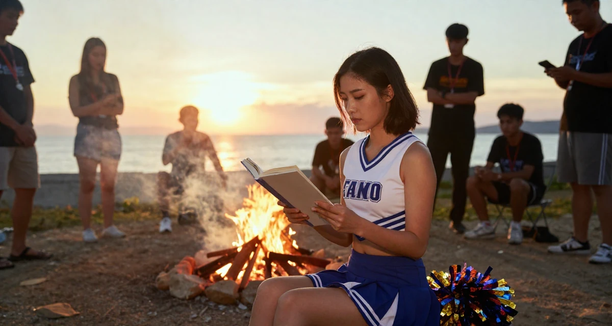 A indifferent Female From Macau, learned performance makeup from casino backstage crews in their 26, taking night classes, wearing a cheerleader uniform with a cropped top and pom-poms, reading a book intently in a campfire circle.