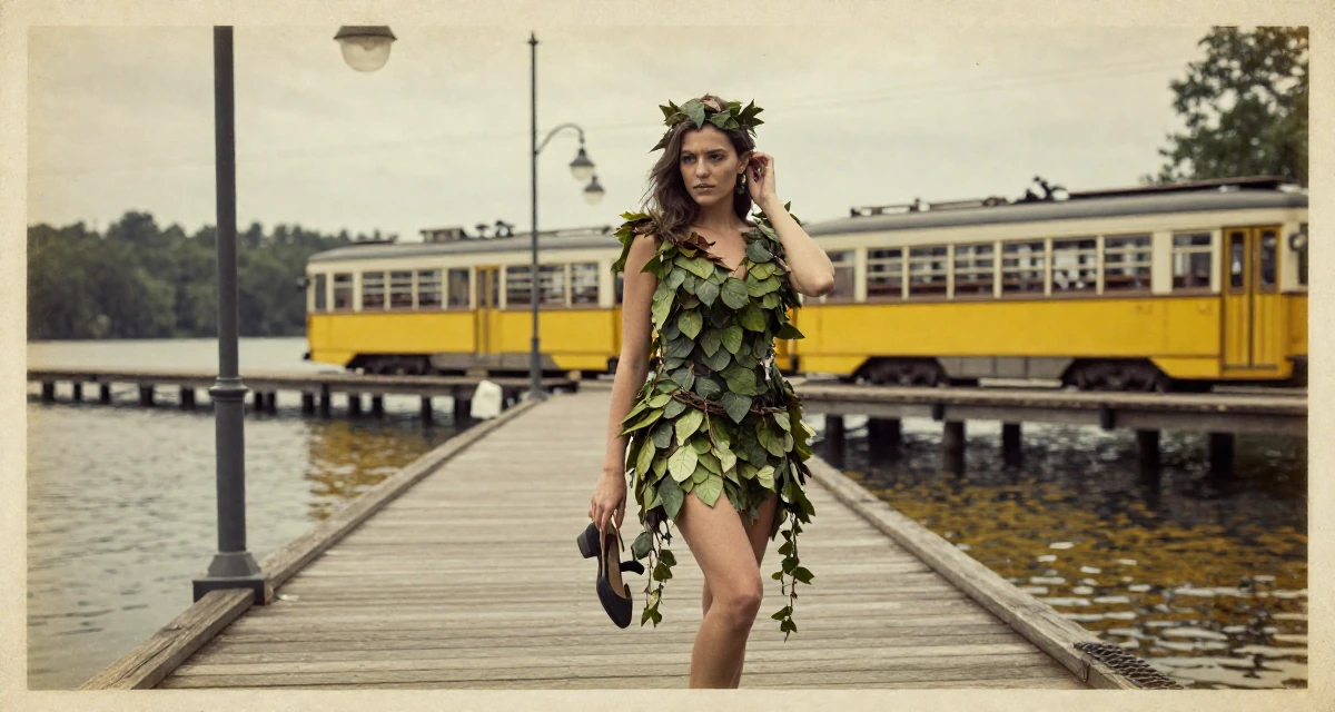 A mysterious Female Raised in Canada, majored in fine arts in their 25, pretending confidence while filming take after take, wearing a forest dryad costume made of leaves and vines, dangling a shoe from one foot in a serene lakeside dock.