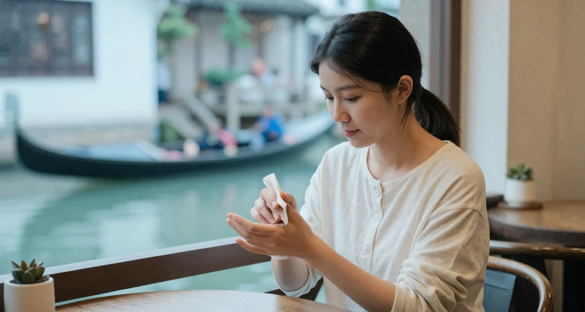 A gentle Female Former stay-in nanny, now building her own self-expression platform in their 23, managing early burnout from overcommitment, wearing a soft organic cotton clothing, wiping hands in a cozy café.