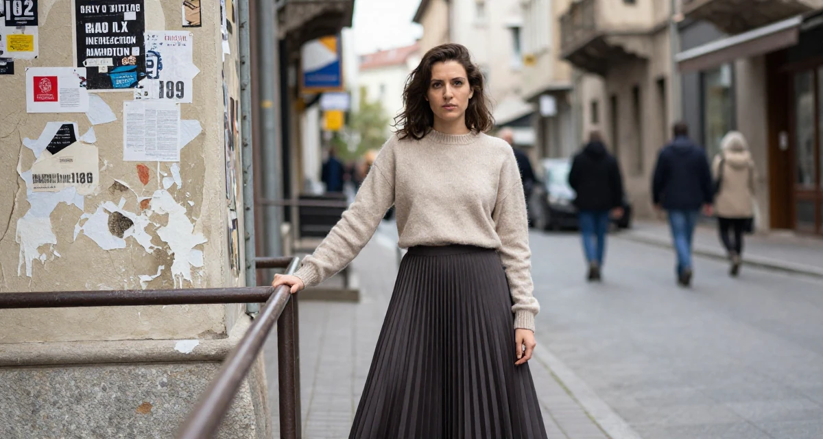 A determined Female Grew up in Croatia, studied interaction design in their 20, navigating the awkwardness of early adulthood, wearing a soft cashmere sweater and a pleated midi skirt, grabbing a railing for support in a bustling city street.