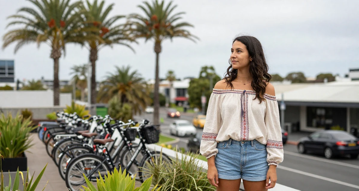 A innocent Female From Melbourne Australia, studied creative directing for social content in their 25, considering expanding into TikTok or Reddit promo, wearing a boho style off-shoulder peasant top and shorts, watching traffic pass by in a rooftop garden.
