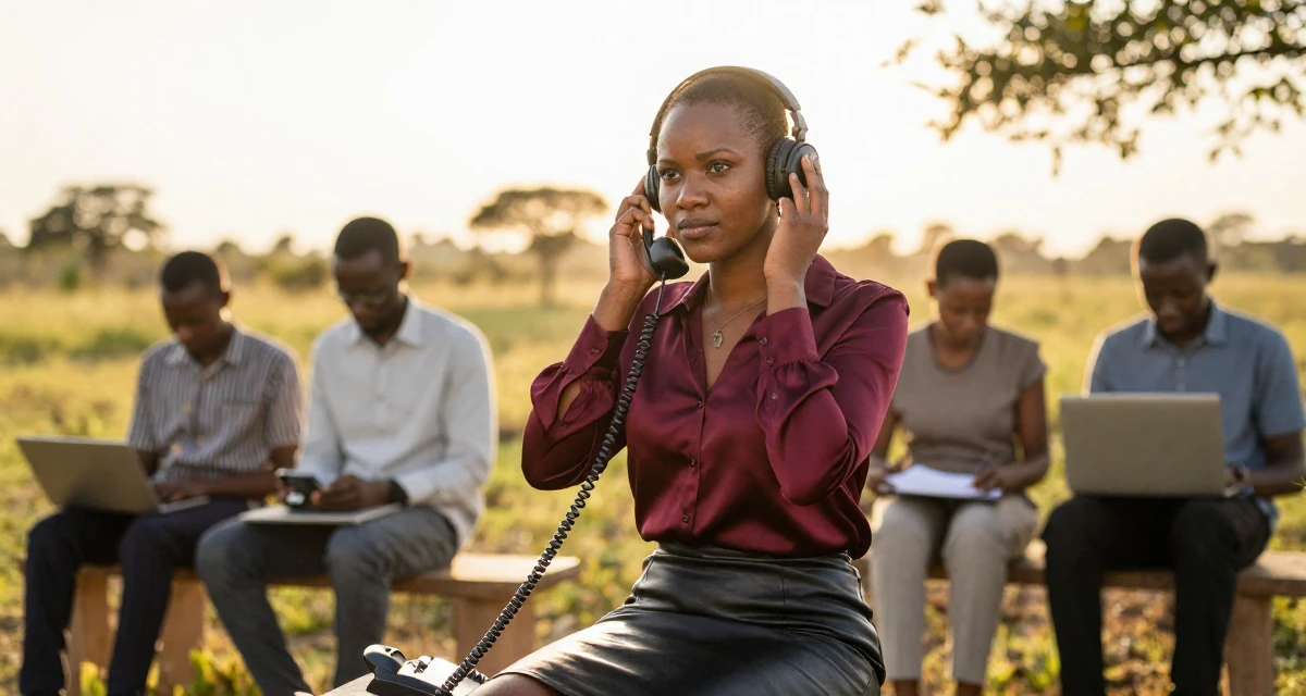 A arrogant Female From Mozambique, studied environmental science in their 28, leading a small team for the first time, wearing a burgundy silk blouse and black leather skirt, adjusting headphones in a farm field.