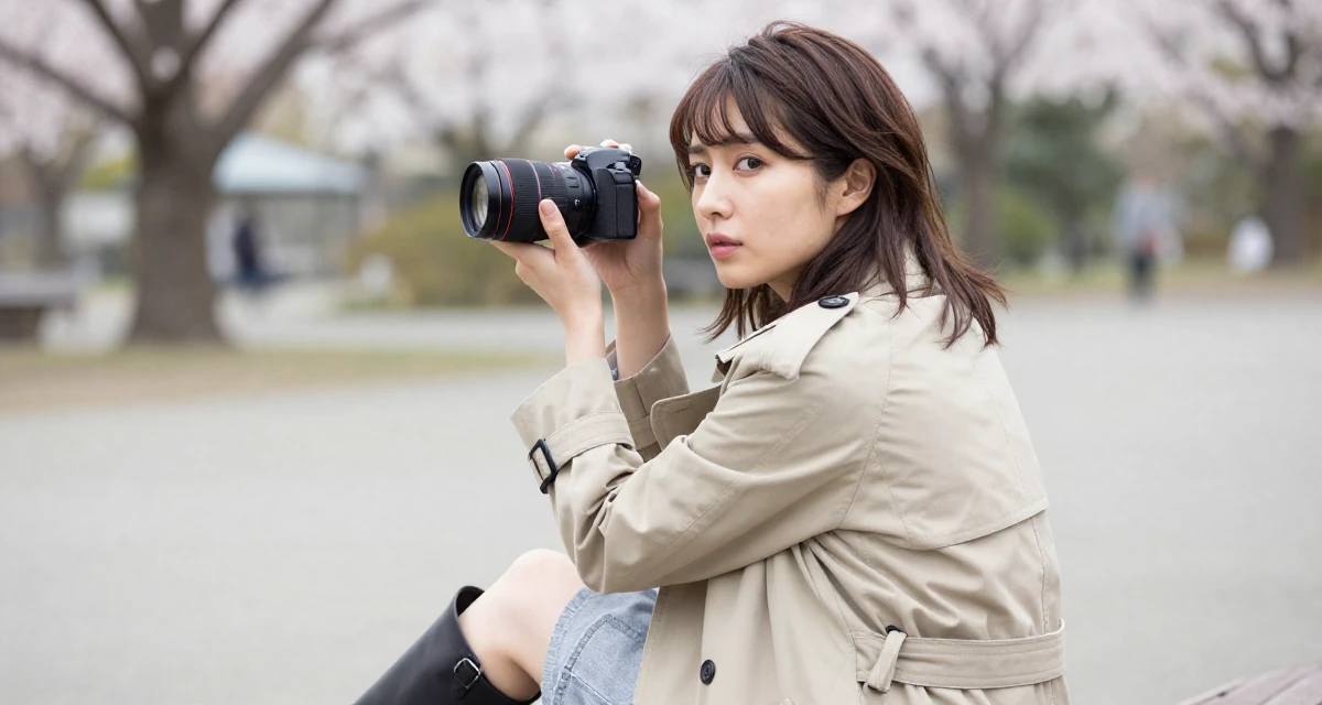 A sophisticated Female From Japan, majored in sociology in Tokyo in their 27, dealing with pressure to constantly upgrade quality, wearing a timeless trench and boots, taking a photo in a quiet park.