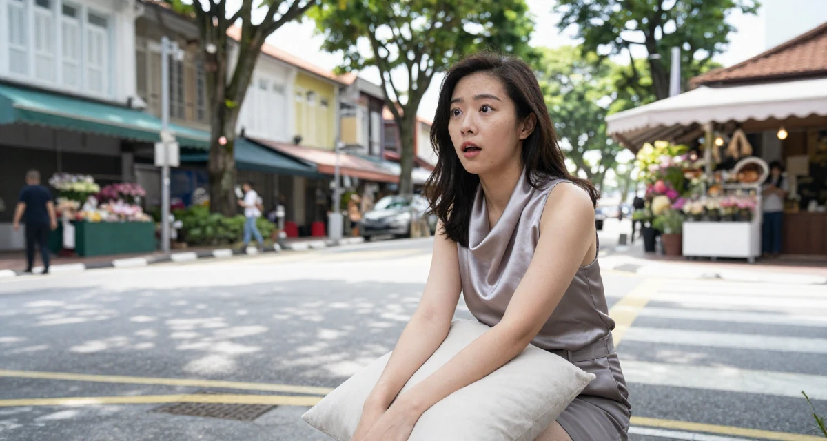 A surprised Female From Singapore, studied business analytics in their 28, learning to separate self-worth from subscriber numbers, wearing a satin cowl neck top and tailored shorts, hugging a pillow or cushion in a busy intersection.