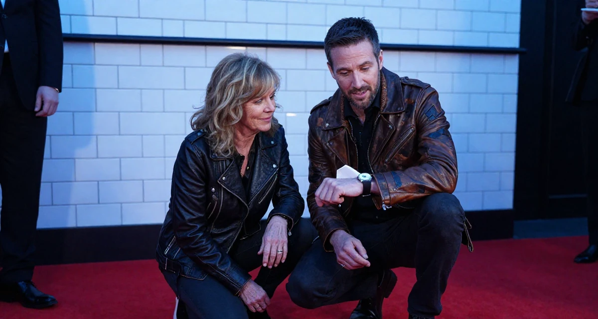 A passionate male Former Uber driver, now building slow-burn lifestyle storytelling in their 48, grandmother sharing joy and family recipes, wearing a vintage-inspired leather jacket look, glancing at a wristwatch in a red carpet event.