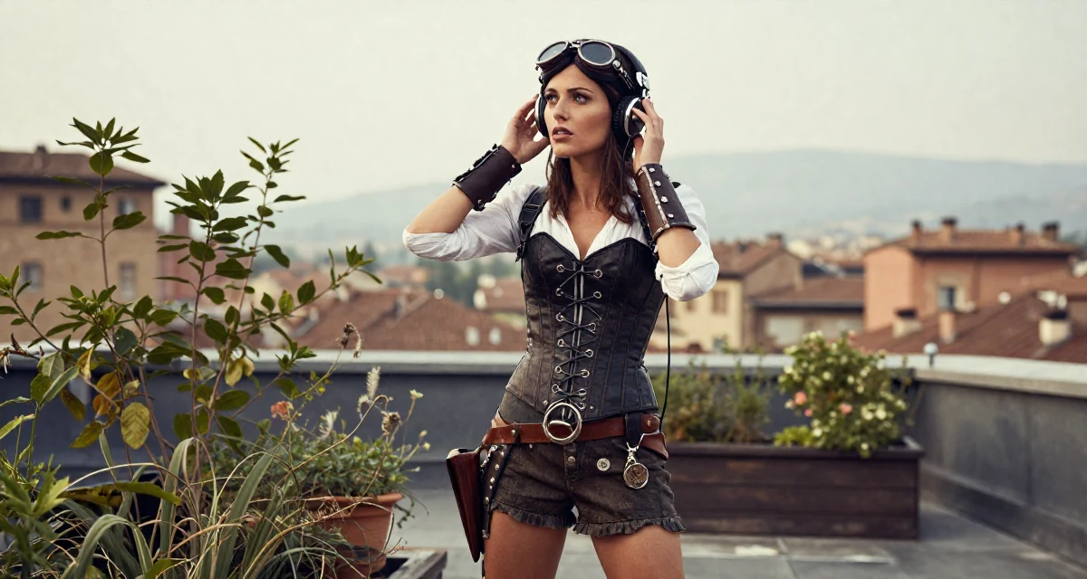 A intense and captivating Female From Italy, based in Bologna, graduated from a local university majoring in media production in their 27, accepting that success requires endless reinvention, wearing a steampunk adventurer outfit with a corset and goggles, listening to music with headphones in a rooftop garden.
