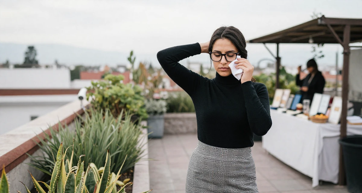 A mysterious Female From Guadalajara Mexico, majored in business analytics in their 24, taking care of their physical health consistently, wearing a classic black turtleneck tucked into a plaid midi skirt, cleaning glasses with a cloth in a rooftop garden.