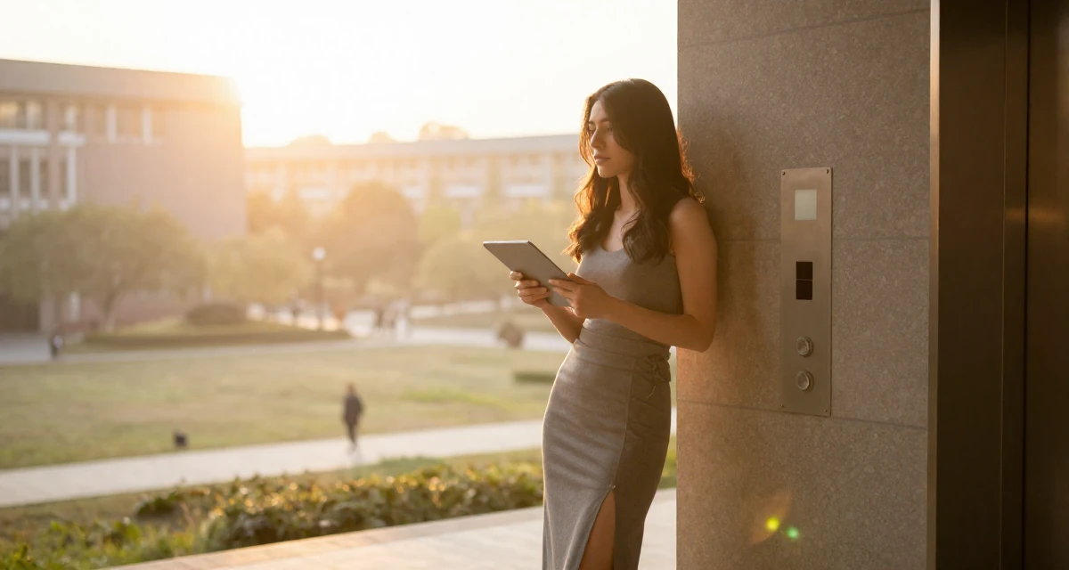 A zen-like Female Former library assistant, now creating cozy reading-corner aesthetics in their 26, learning that trends shift faster than energy can keep up, wearing a long pencil skirt with a high side slit, holding a tablet in a university campus.