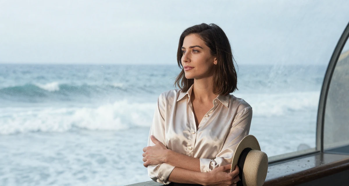 A composed Female From Rome Italy, studied classical body aesthetics and figure drawing in their 24, glowing with the confidence of experience, wearing a satin blouse with pearl buttons, holding a hat in a aquarium tunnel.
