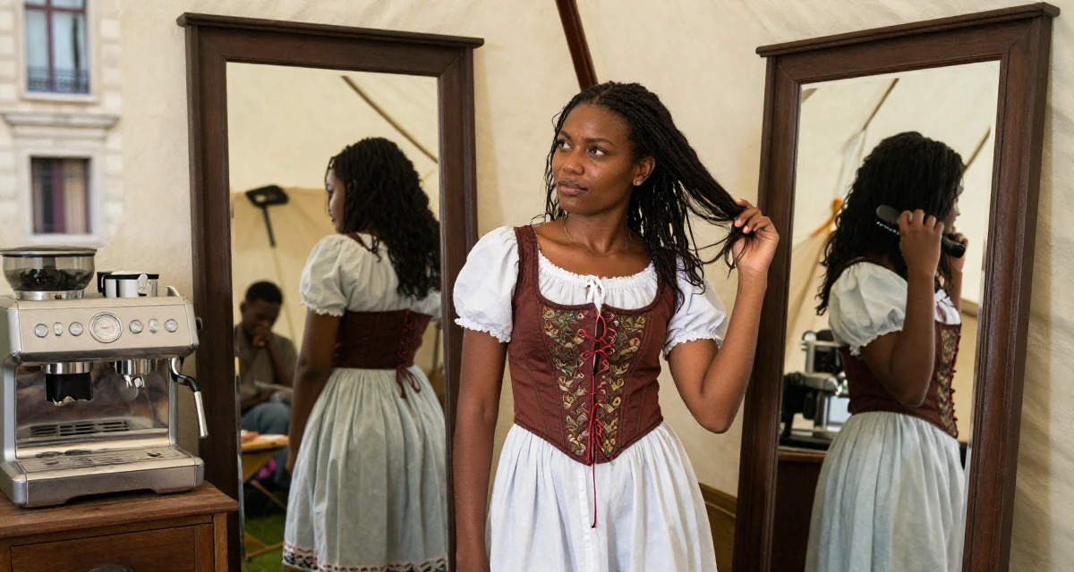 A dreamy Female From Mali, majored in agricultural management in their 30, feeling pride and fatigue in equal measure, wearing a peasant girl corset dress with a white blouse, brushing hair away from the face in a camping site.