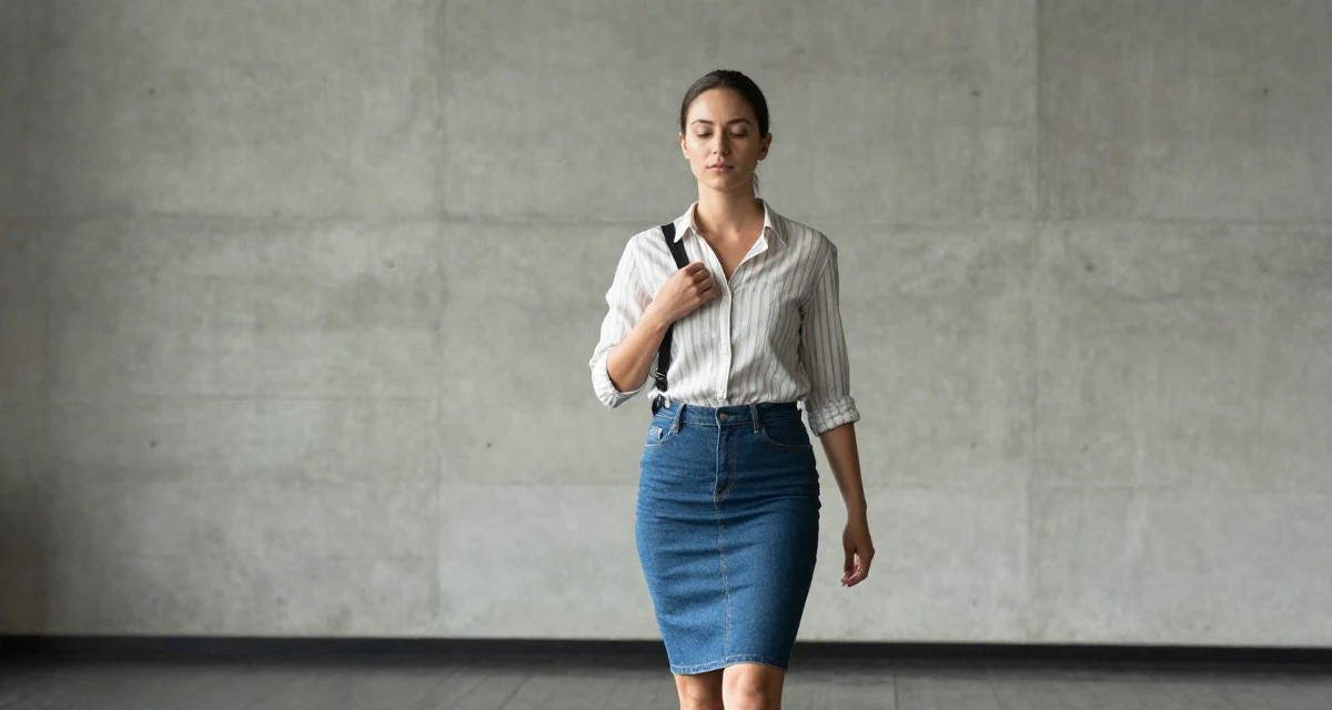 A deeply absorbed Female Once a biology teacher, now exploring artistic movement expression in their 45, focusing on mental clarity and meditation, wearing a striped button-down shirt tucked into a denim pencil skirt, adjusting a shoulder strap in a theater stage.