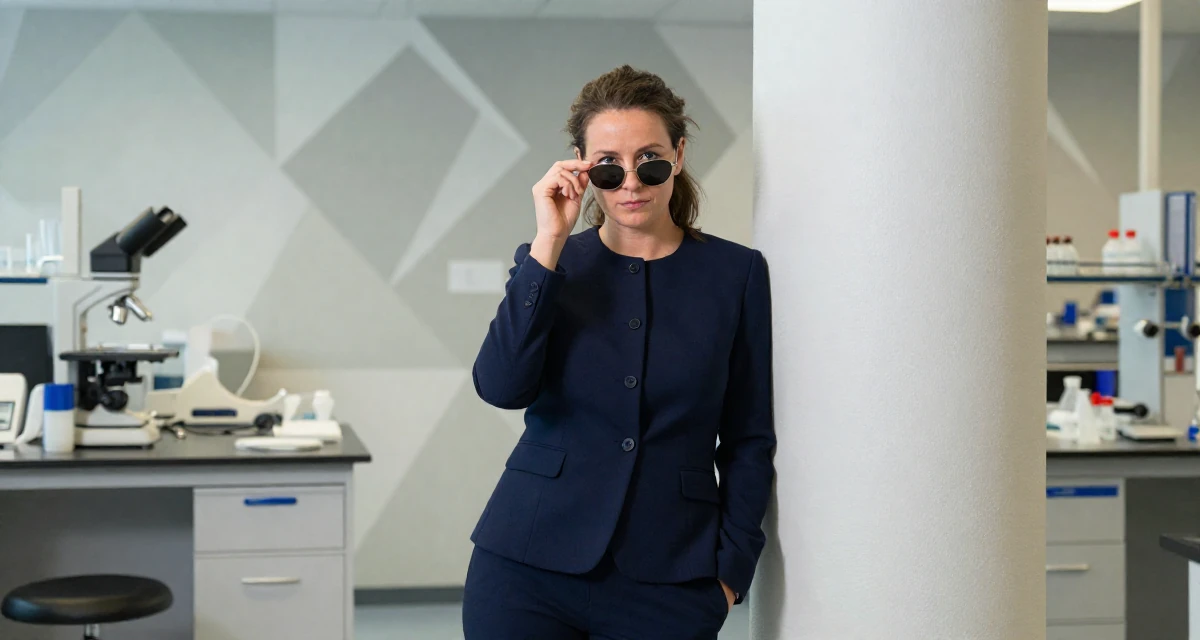A solemn but kind Female From Belgium, majored in political science in their 38, handling long working hours, wearing a classic navy blue ensemble, putting on sunglasses in a science lab.