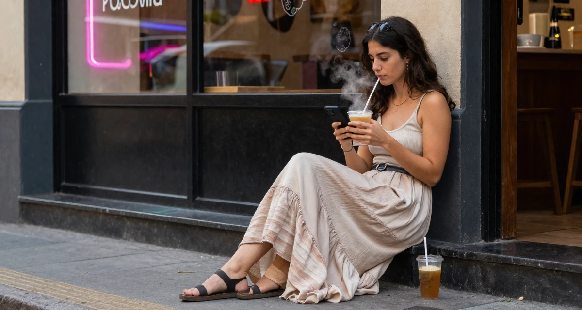 A tranquil Female From Argentina, studied digital illustration at a local art institute in their 25, discovering the mental toll of constant visibility, wearing a flowing maxi skirt and top, checking a phone in a neon-lit street.