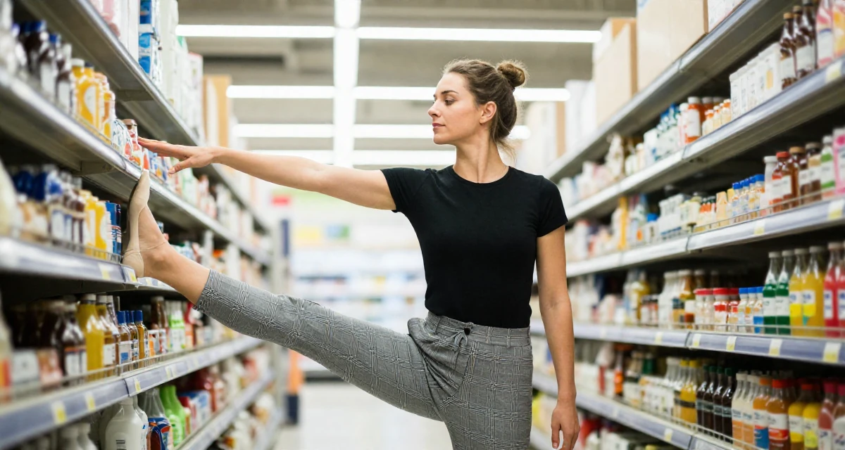 A tranquil Female From Moscow Russia, trained in rhythmic gymnastics and body control in their 25, demanding respect in professional settings, wearing a grey plaid trousers and a fitted black tee, tapping a foot in a supermarket aisle.