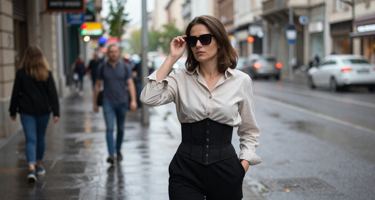 A quiet Female From Bucharest Romania, trained in expressive posing in their 24, understanding personal limits and staying safe, wearing a button-up shirt with a corset belt and black pants, putting on sunglasses in a bustling city street.
