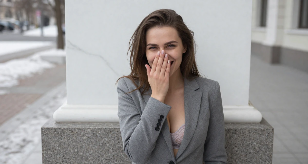 A sultry Female From Russia, studied linguistics and translation in their 25, learning to hold eye contact through the lens, wearing a fitted blazer with nothing underneath but a lace bra (hinted), covering a laugh with one hand in a snowy sidewalk.