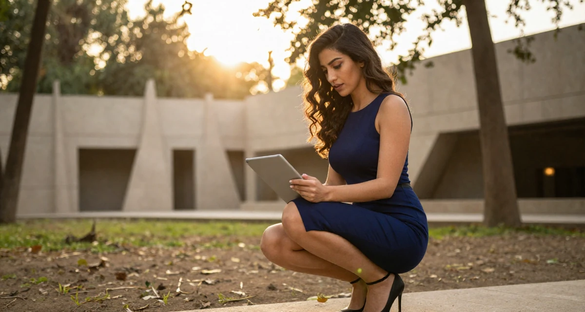 A romantic Female From Cairo Egypt, studied expressive arts therapy in their 23, refining seductive expression through skilled camera work, wearing a navy blue pencil skirt with a back slit, holding a tablet device in a magical forest clearing.