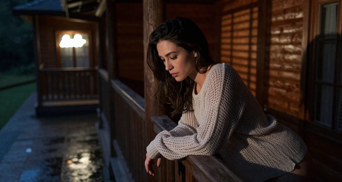 A moody Female Once a gym receptionist, now building her own fan-driven fitness brand in their 27, focusing on long-term wealth building, wearing a loose open-knit sweater showing skin underneath, looking down at the ground shyly in a rustic wooden cabin interior.