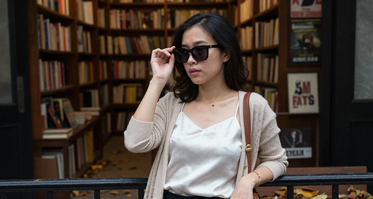 A grounded Female From Hanoi Vietnam, holds a degree in economics in their 25, exploring soft-glam looks to elevate content quality, wearing a white silk camisole and a beige cardigan, putting on sunglasses in a vintage bookstore.
