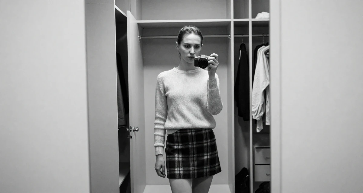 A seriously concentrated Female From Russia, trained as a classical ballerina in their 23, deciding between safe and risky career moves, wearing a fitted merino wool sweater and plaid mini skirt, posing for a selfie in a walk-in wardrobe.