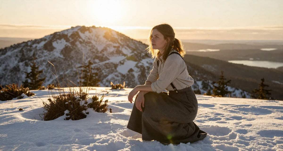 A shy Female From Finland, based in Espoo, graduated from a design institute majoring in atmospheric lighting arts in their 25, entering first serious friendships and relationships, wearing a high-waisted skirt with suspenders and a shirt, glancing sideways in a snowy mountain peak.
