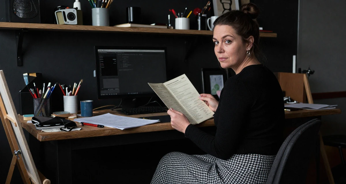 A deeply thinking Female From Iceland, based in Hafnarfjörður, graduated from an arts academy majoring in intimate creative expression in their 38, focused on longevity and holistic wellness, wearing a houndstooth pattern skirt and black top, looking at a menu in a messy artist studio.