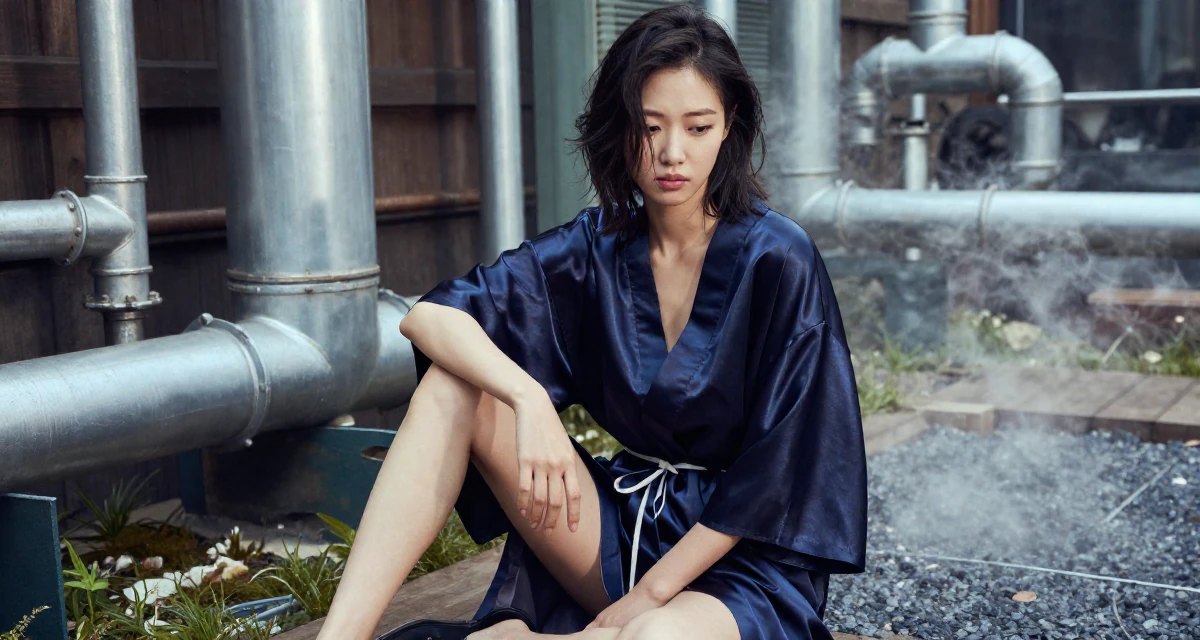 A sarcastic Female From South Korea, has a background in cosmetics chemistry in their 22, feeling the imposter syndrome in a first serious job, wearing a silky kimono robe worn open over loungewear, looking down at the ground shyly in a garden patio.