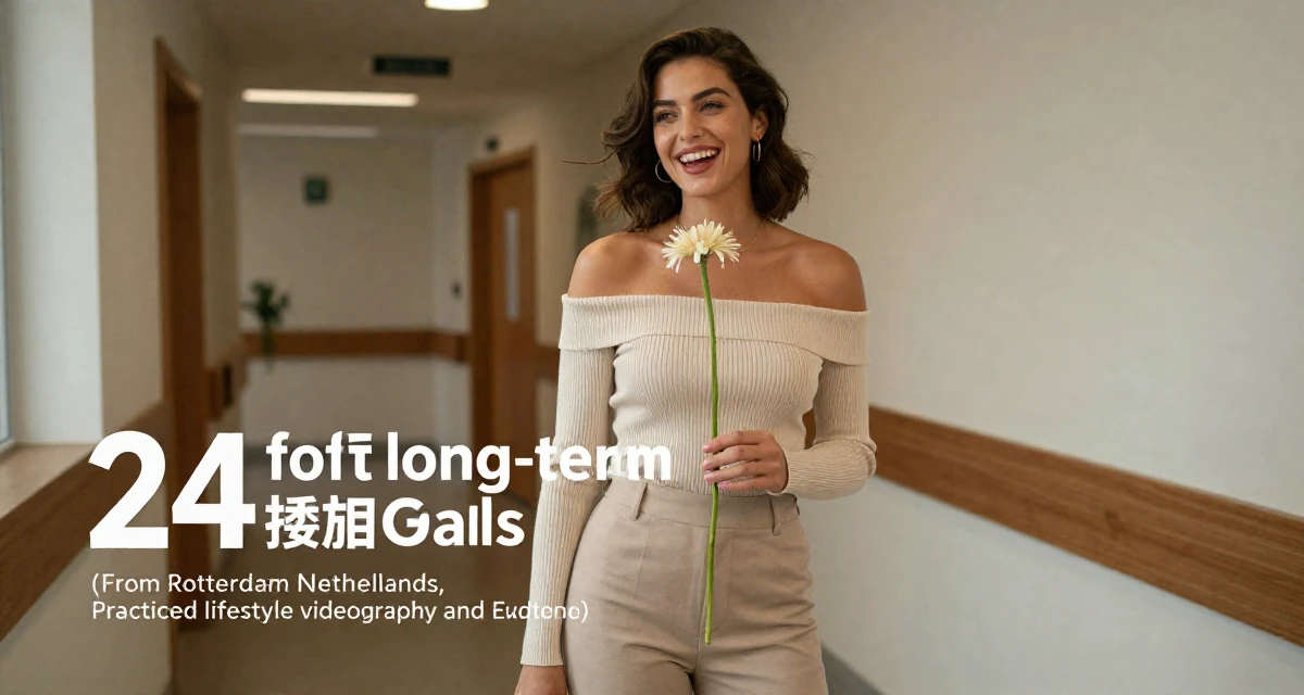 A joyful Female From Rotterdam Netherlands, practiced lifestyle videography and editing in their 24, forming long-term goals for the first time, wearing a off-the-shoulder knit top and fitted trousers, holding a single flower in a hospital corridor.