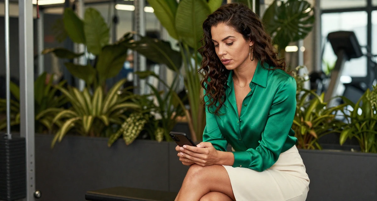 A seductive Female Once a biology teacher, now exploring artistic movement expression in their 26, exploring digital nomad life, wearing a emerald green silk blouse and a cream skirt, reading a text message in a gym interior.