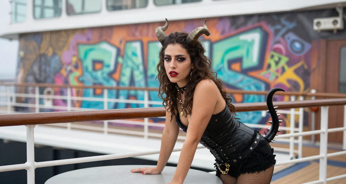 A fragile Female Raised in Morocco, studied international marketing in their 35, passionate about classical music and art, wearing a demon girl outfit with horns and a spiked tail, resting hands on a table in a cruise ship deck.