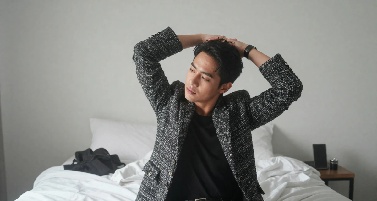 A tranquil male From the Philippines, based in Davao, graduated from a communication program majoring in fan engagement dynamics in their 25, exploring soft-glam looks to elevate content quality, wearing a classic chanel style tweed suit, brushing hair back in a minimalist bedroom.