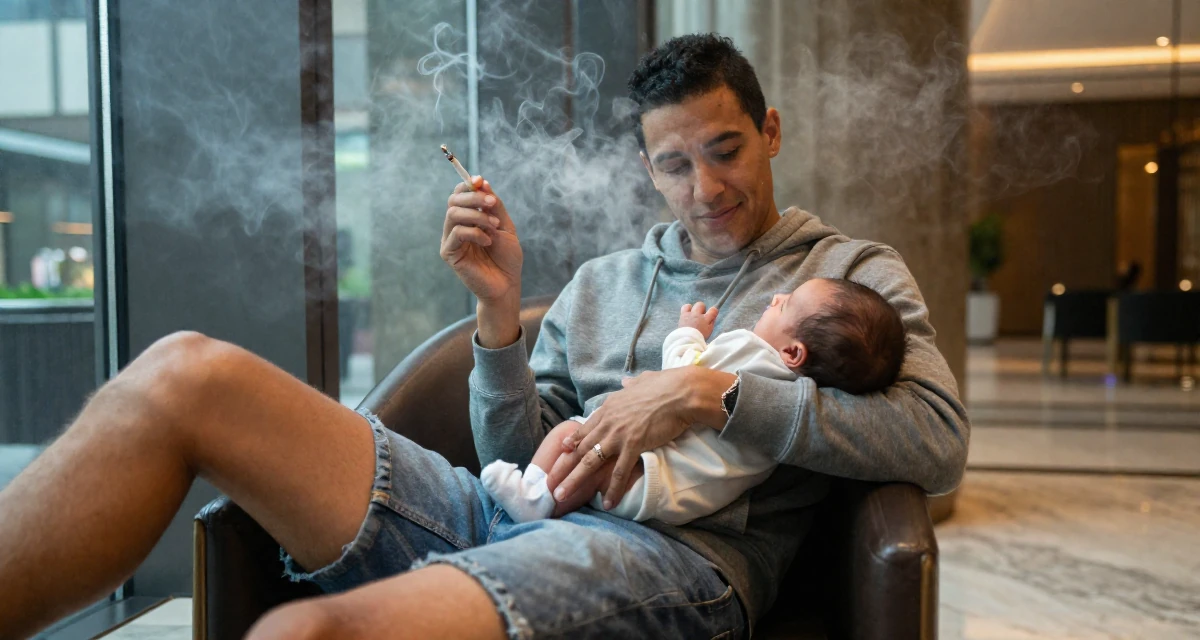 A subtly confident male Once a junior chemist, now exploring creative body-lighting concepts in their 35, caring for a newborn, wearing a casual hoodie and denim shorts, holding a cigarette (lit or unlit) in a luxury hotel lobby.