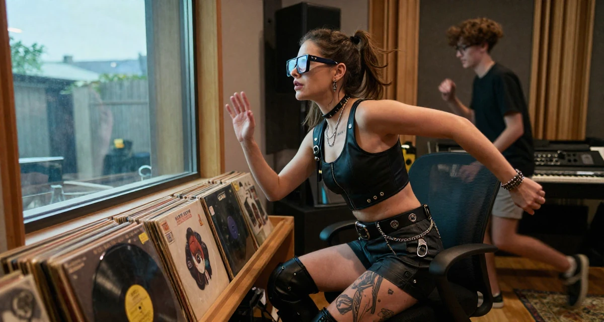 A sultry Female Once a history major, now creating vintage-inspired storytelling in their 46, running a household with teens, wearing a cyberpunk hacker outfit with oversized tech glasses, looking out the window in a music recording studio.