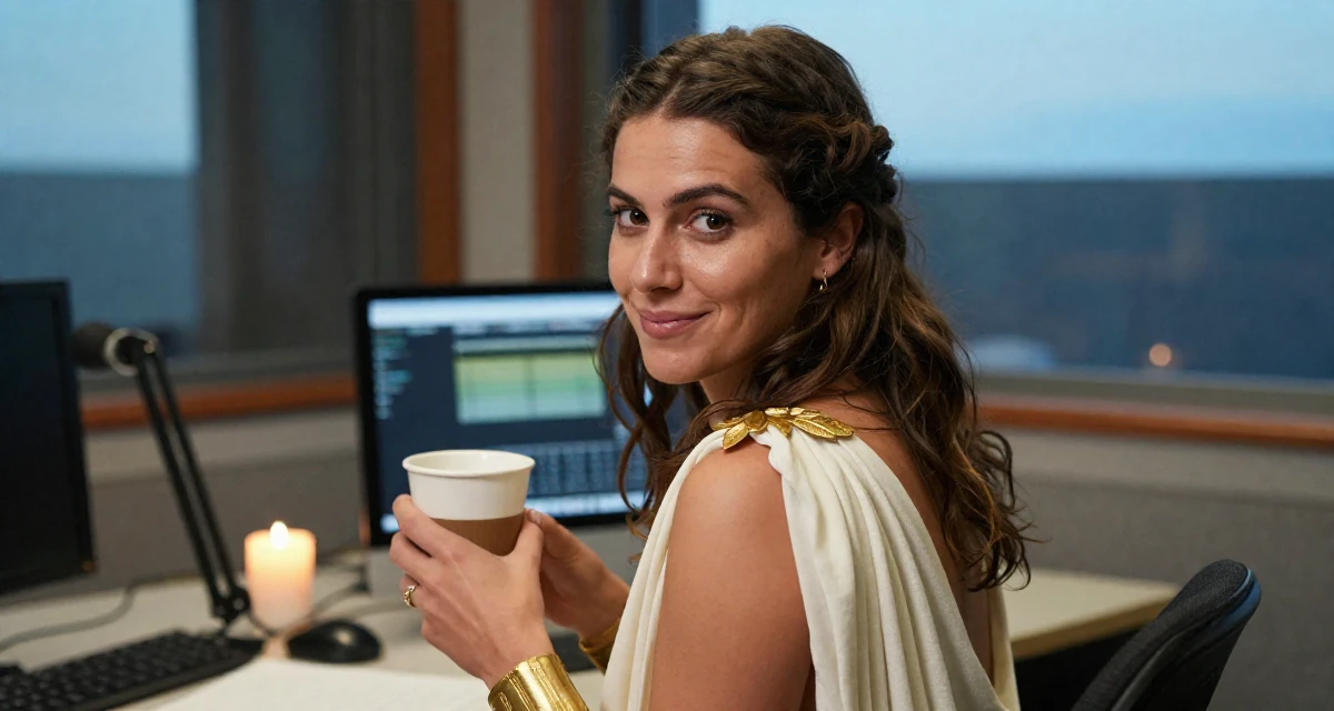 A gently amused Female Former massage therapist, now offering wellness-focused content in their 34, seeking spiritual or philosophical growth, wearing a greek goddess toga with gold leaf accessories, holding a coffee cup with both hands in a radio station.