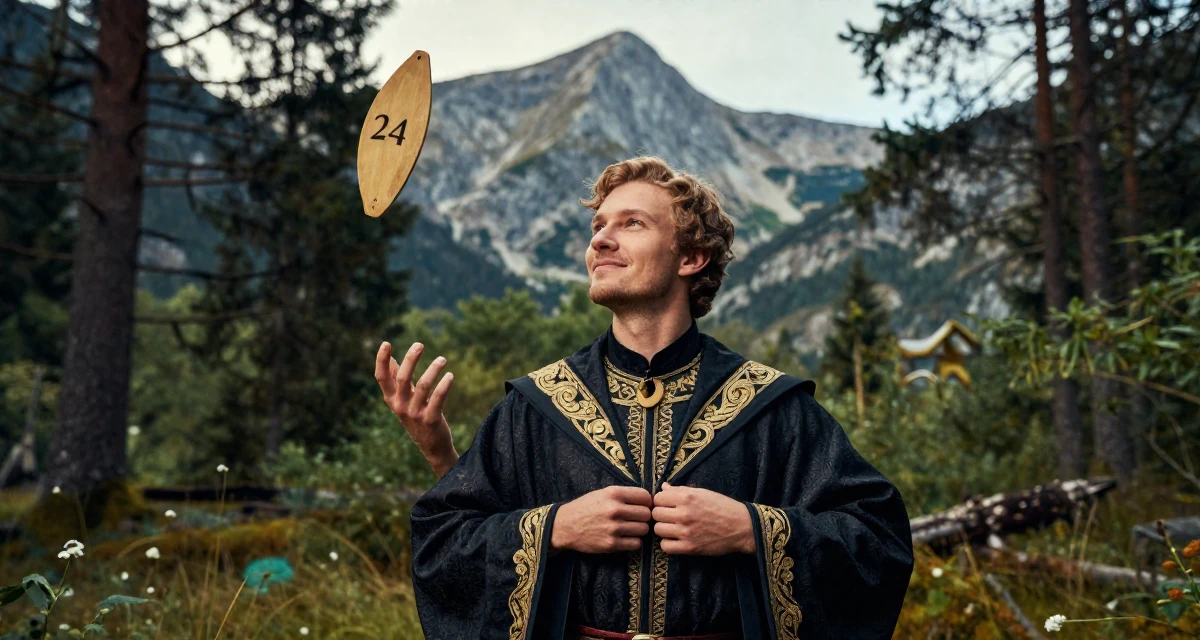 A blissful male From Norway, based in Bergen, graduated from a regional college majoring in creative communication in their 24, juggling edits, shoots, and a boss who texts on weekends, wearing a high-fantasy sorceress robe with gold embroidery, buttoning up a jacket in a magical forest clearing.
