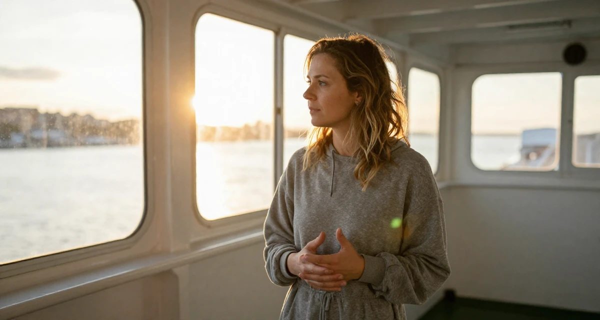 A timid Female From Norway, based in Stavanger, graduated from a cultural college majoring in mood-centered photography in their 42, restarting career after burnout, wearing a relaxed streetwear, gesturing while talking in a ferry deck.