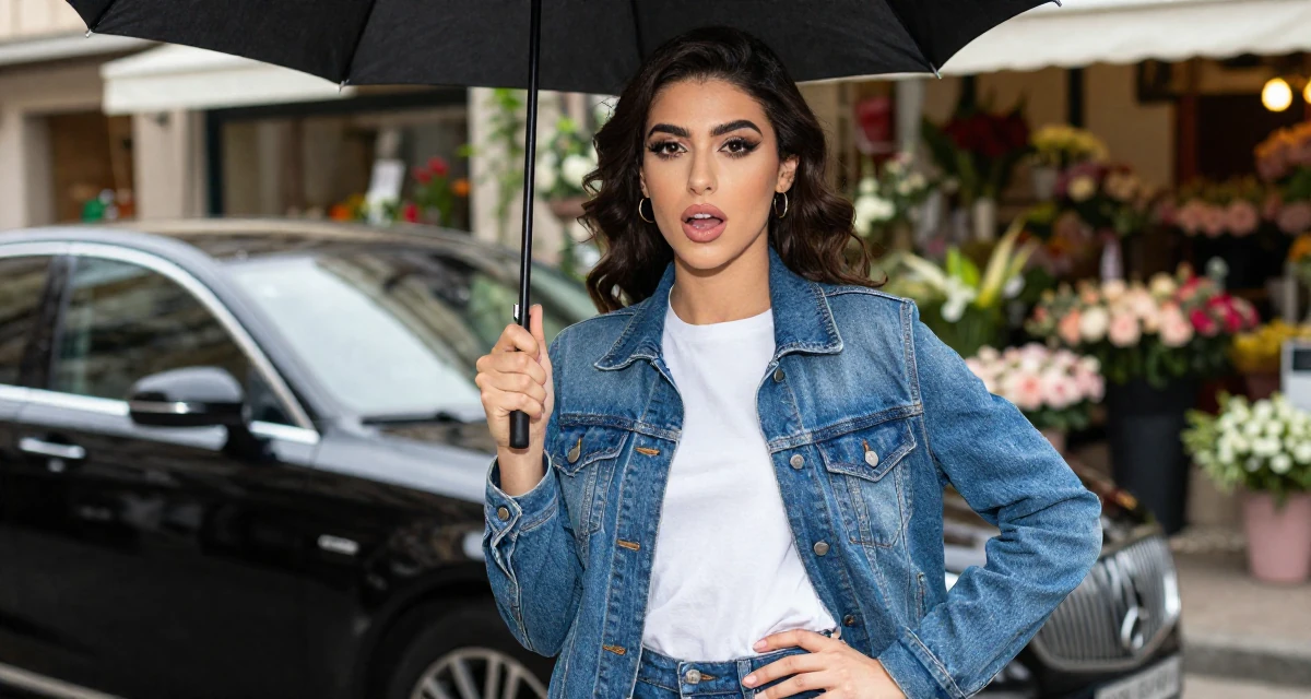 A passionate Female From Lebanon, based in Beirut, graduated from a creative institute majoring in expressive photoshoot styling in their 23, discovering how makeup transforms flirty confidence, wearing a classic denim jacket and white tee, holding an umbrella in a flower shop.