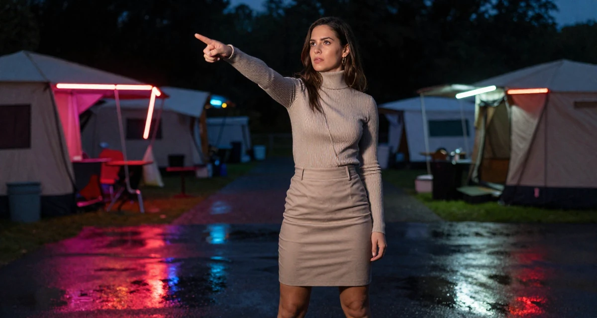 A resolute Female Grew up in Spain, studied international business in their 24, mastering the art of work-life separation, wearing a fitted turtleneck and skirt, pointing at something distant in a camping site.
