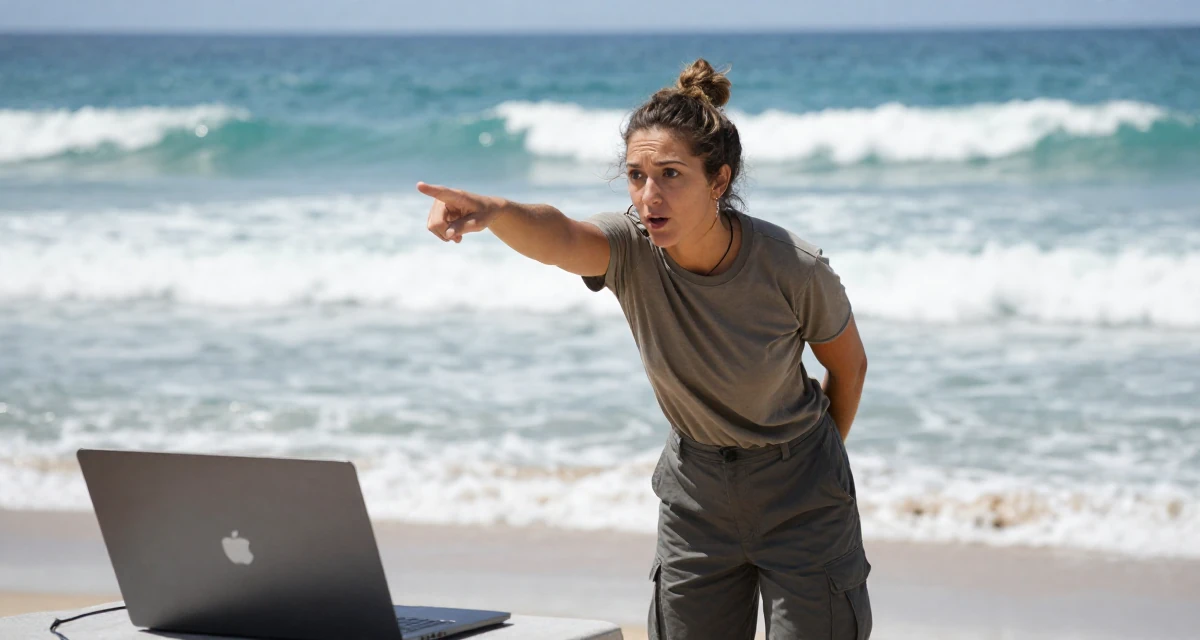A fascinated Female Once a swim camp counselor, now leaning into beach-centered creator storytelling in their 29, balancing content creation with part-time work, wearing a simple t-shirt and cargo pants, pointing at something nearby in a beach promenade.